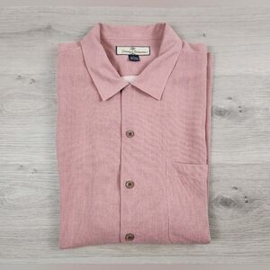 Tommy Bahama Shirt Mens L Red Short Sleeve Button Up Cocktail Girl Logo Silk